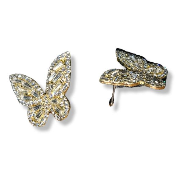 Gold-Tone Round and Baguette White Crystal Butterfly Pierced Earrings - Picture 5 of 6